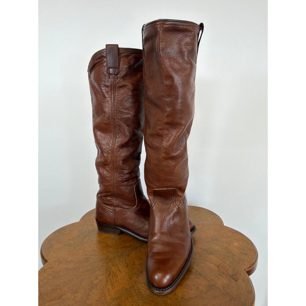Frye Brown Leather Pull On Tall Riding Boots Made SPAIN Women's Size 7.5